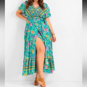 Floral Belted Ruffles Button Wrap Maxi Dress